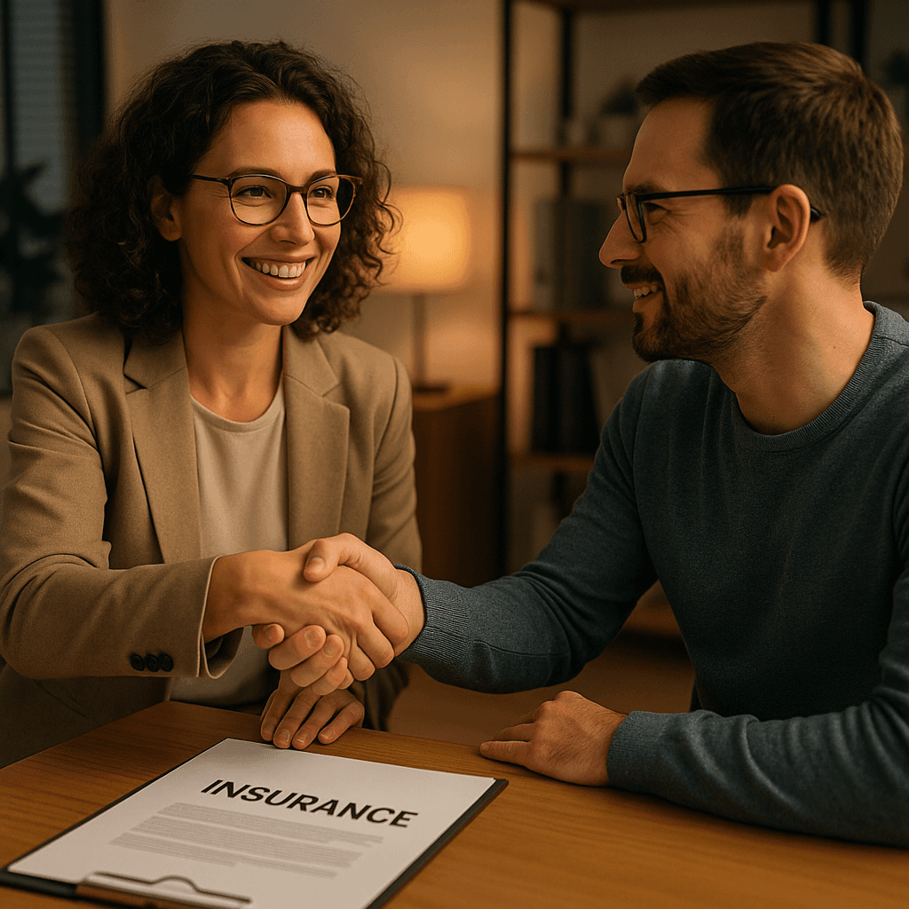 Professioneller Handschlag zwischen Versicherungsberater und Kunde